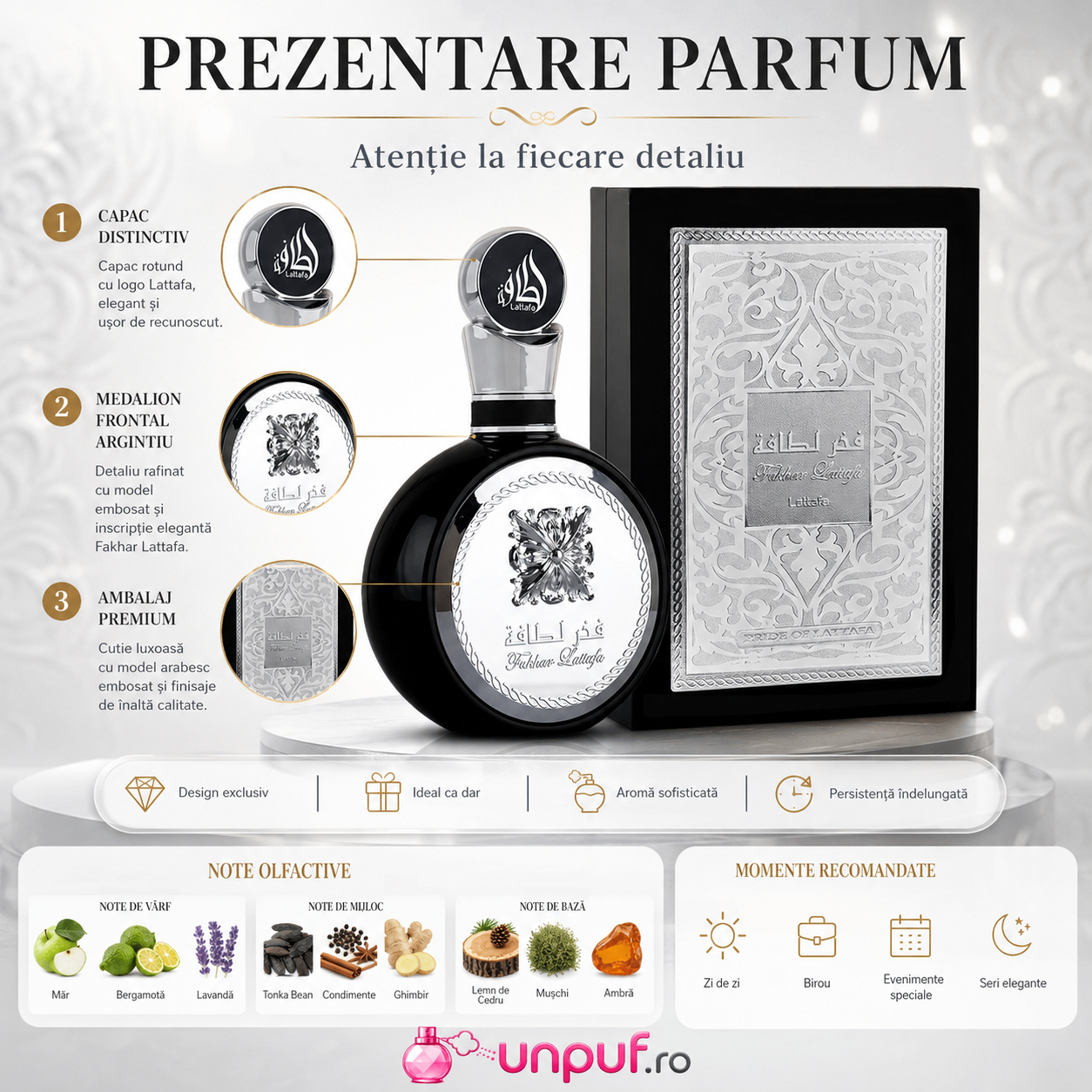 Parfum Arabesc Bărbați Fakhar Silver Lattafa Eau de Parfum 100 ml prezentare parfum